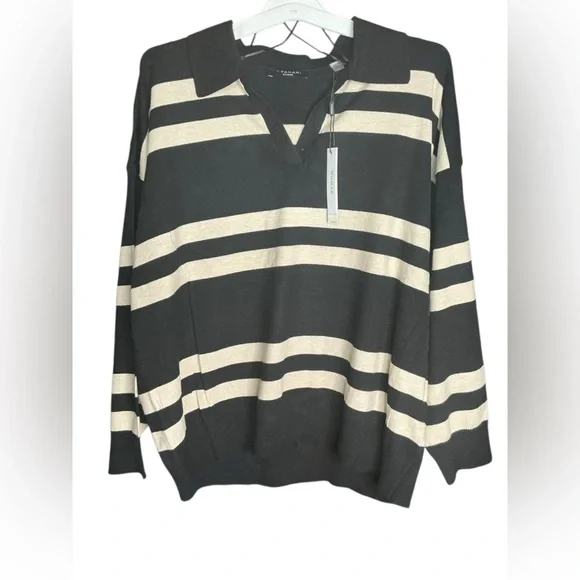T Tahari Black and Tan Striped V-Neck Sweater - Picture 2 of 8